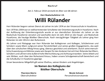 Traueranzeige von Willi Rülander von Neue Osnabrücker Zeitung GmbH & Co. KG