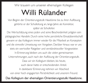 Traueranzeige von Willi Rülander von Neue Osnabrücker Zeitung GmbH & Co. KG