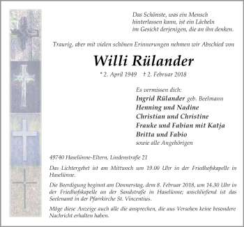 Traueranzeige von Willi Rülander von Neue Osnabrücker Zeitung GmbH & Co. KG