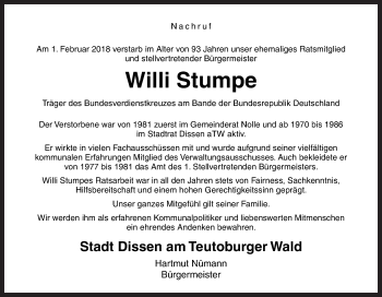 Traueranzeige von Willi Stumpe von Neue Osnabrücker Zeitung GmbH & Co. KG