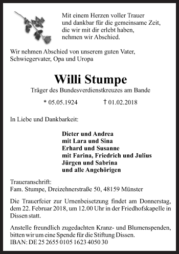 Traueranzeige von Willi Stumpe von Neue Osnabrücker Zeitung GmbH & Co. KG