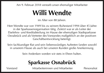 Traueranzeige von Willi Wendte von Neue Osnabrücker Zeitung GmbH & Co. KG