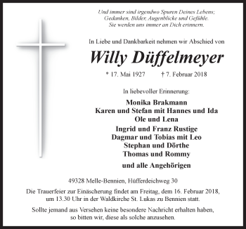 Traueranzeige von Willy Düffelmeyer von Neue Osnabrücker Zeitung GmbH & Co. KG
