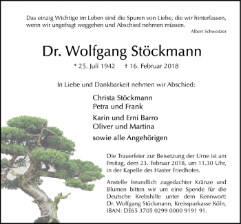 Traueranzeige von Wolfgang Stöckmann von Neue Osnabrücker Zeitung GmbH & Co. KG