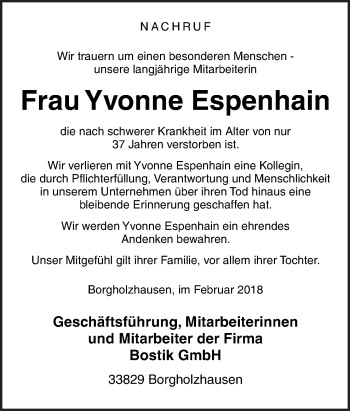 Traueranzeige von Yvonne Espenhain von Neue Osnabrücker Zeitung GmbH & Co. KG