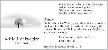 Traueranzeige von Adele Hohlwegler von Neue Osnabrücker Zeitung GmbH & Co. KG