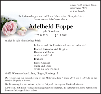 Traueranzeige von Adelheid Foppe von Neue Osnabrücker Zeitung GmbH & Co. KG