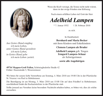 Traueranzeige von Adelheid Lampen von Neue Osnabrücker Zeitung GmbH & Co. KG