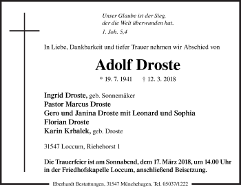Traueranzeige von Adolf Droste von Neue Osnabrücker Zeitung GmbH & Co. KG