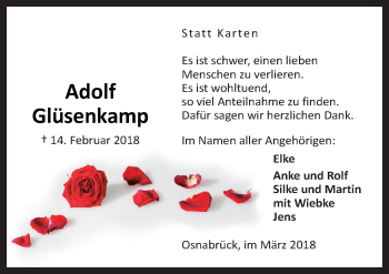 Traueranzeige von Adolf Glüsenkamp von Neue Osnabrücker Zeitung GmbH & Co. KG