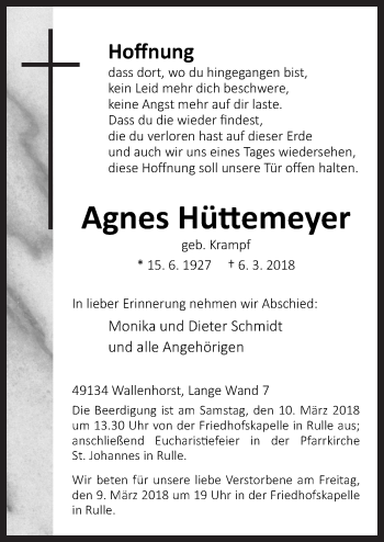 Traueranzeige von Agnes Hüttemeyer von Neue Osnabrücker Zeitung GmbH & Co. KG