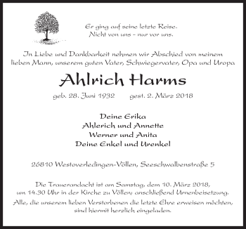 Traueranzeige von Ahlrich Harms von Neue Osnabrücker Zeitung GmbH & Co. KG