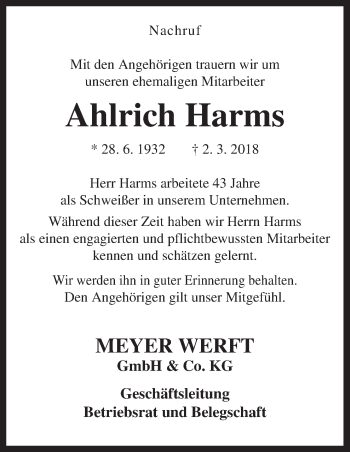 Traueranzeige von Ahlrich Harms von Neue Osnabrücker Zeitung GmbH & Co. KG