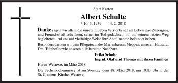 Traueranzeige von Albert Schulte von Neue Osnabrücker Zeitung GmbH & Co. KG