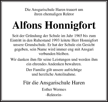 Traueranzeige von Alfons Honnigfort von Neue Osnabrücker Zeitung GmbH & Co. KG