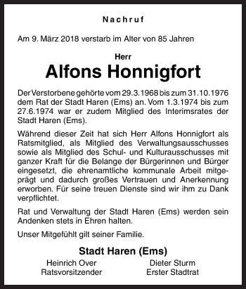 Traueranzeige von Alfons Honnigfort von Neue Osnabrücker Zeitung GmbH & Co. KG