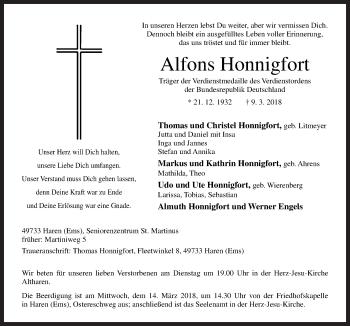 Traueranzeige von Alfons Honnigfort von Neue Osnabrücker Zeitung GmbH & Co. KG
