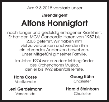 Traueranzeige von Alfons Honnigfort von Neue Osnabrücker Zeitung GmbH & Co. KG