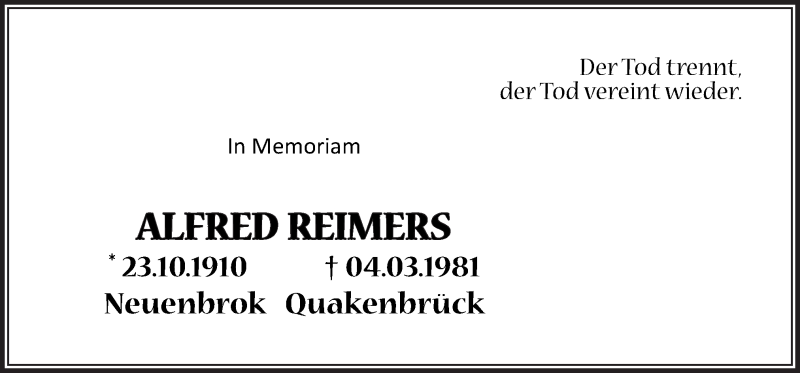  Traueranzeige für Alfred Reimers vom 24.03.2018 aus Neue Osnabrücker Zeitung GmbH & Co. KG