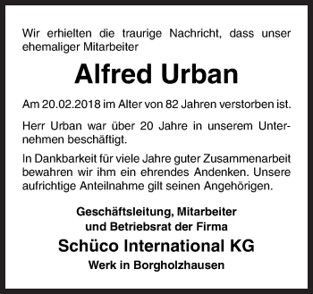 Traueranzeige von Alfred Urban von Neue Osnabrücker Zeitung GmbH & Co. KG