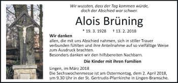 Traueranzeige von Alois Brüning von Neue Osnabrücker Zeitung GmbH & Co. KG