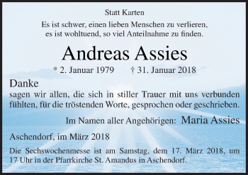 Traueranzeige von Andreas Assies von Neue Osnabrücker Zeitung GmbH & Co. KG