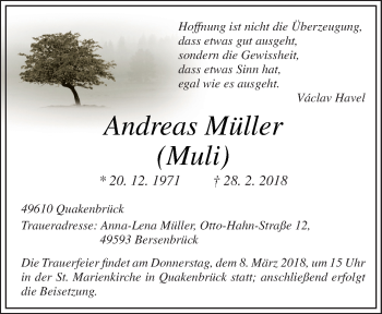 Traueranzeige von Andreas Müller von Neue Osnabrücker Zeitung GmbH & Co. KG