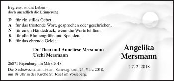Traueranzeige von Angelika Mersmann von Neue Osnabrücker Zeitung GmbH & Co. KG