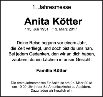 Traueranzeige von Anita Kötter von Neue Osnabrücker Zeitung GmbH & Co. KG