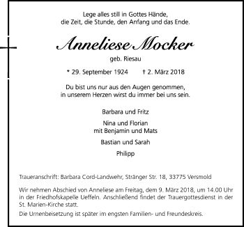 Traueranzeige von Anneliese Mocker von Neue Osnabrücker Zeitung GmbH & Co. KG