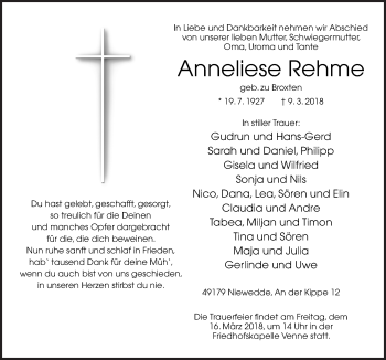 Traueranzeige von Anneliese Rehme von Neue Osnabrücker Zeitung GmbH & Co. KG