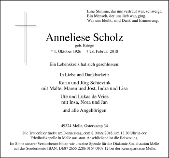 Traueranzeige von Anneliese Scholz von Neue Osnabrücker Zeitung GmbH & Co. KG