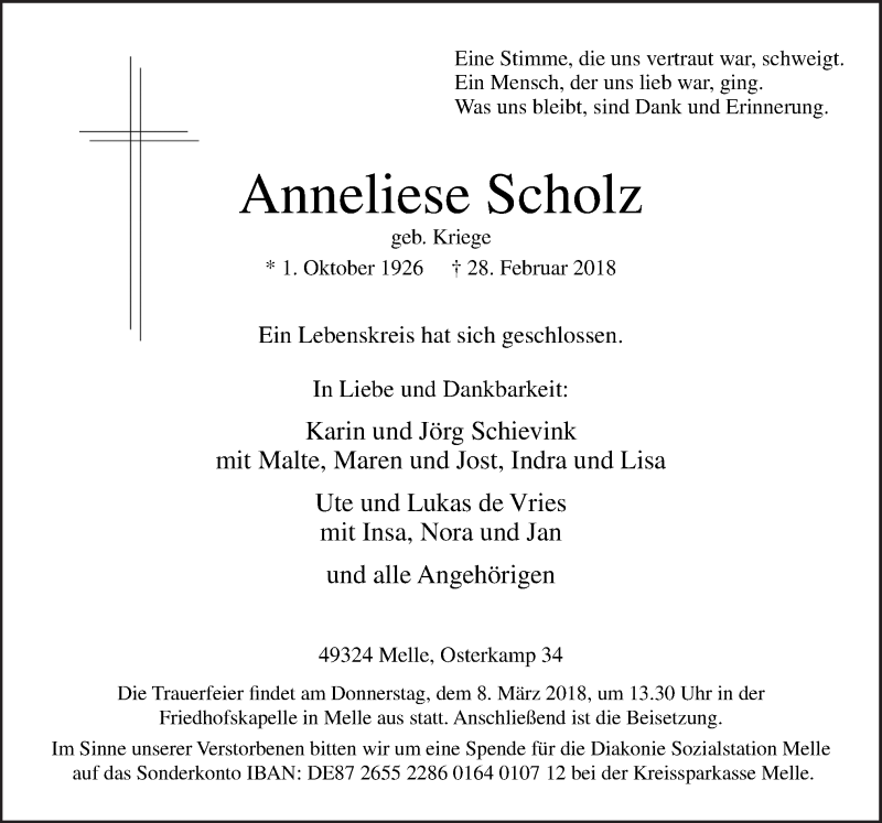  Traueranzeige für Anneliese Scholz vom 03.03.2018 aus Neue Osnabrücker Zeitung GmbH & Co. KG