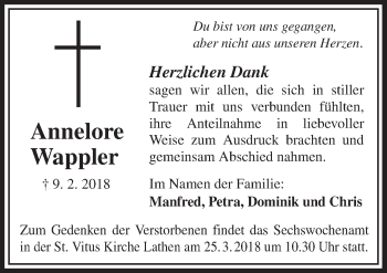 Traueranzeige von Annelore Wappler von Neue Osnabrücker Zeitung GmbH & Co. KG