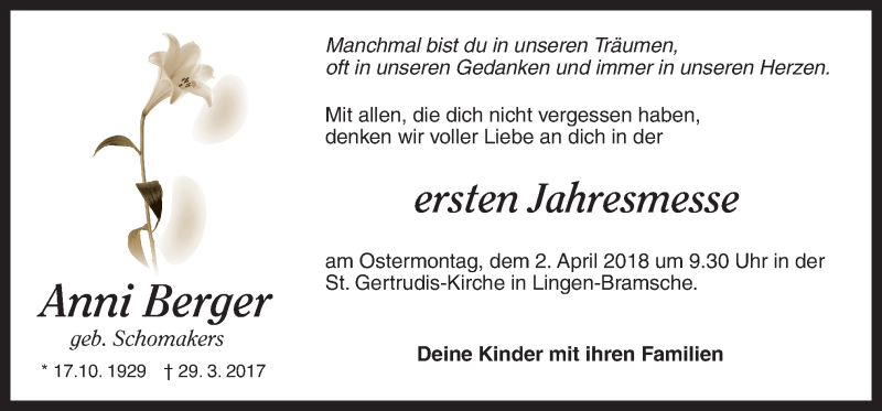  Traueranzeige für Anni Berger vom 28.03.2018 aus Neue Osnabrücker Zeitung GmbH & Co. KG