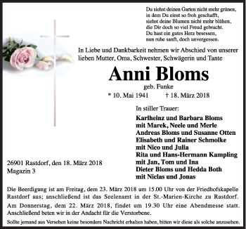 Traueranzeige von Anni Bloms von Neue Osnabrücker Zeitung GmbH & Co. KG