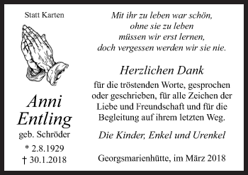 Traueranzeige von Anni Entling von Neue Osnabrücker Zeitung GmbH & Co. KG