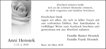 Traueranzeige von Anni Hensiek von Neue Osnabrücker Zeitung GmbH & Co. KG
