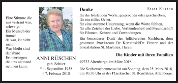 Traueranzeige von Anni Rüschen von Neue Osnabrücker Zeitung GmbH & Co. KG