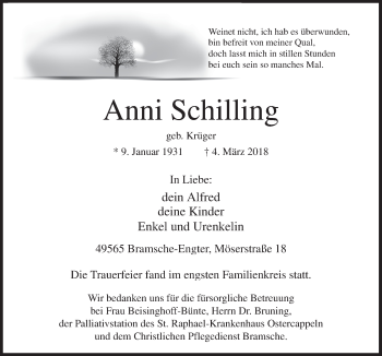 Traueranzeige von Anni Schilling von Neue Osnabrücker Zeitung GmbH & Co. KG