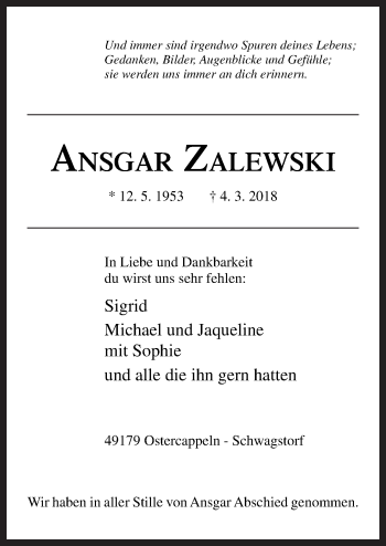 Traueranzeige von Ansgar Zalewski von Neue Osnabrücker Zeitung GmbH & Co. KG