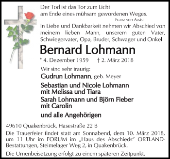 Traueranzeige von Bernard Lohmann von Neue Osnabrücker Zeitung GmbH & Co. KG
