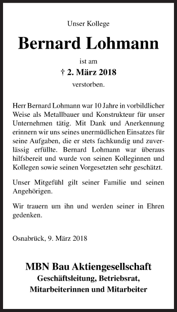 Traueranzeige von Bernard Lohmann von Neue Osnabrücker Zeitung GmbH & Co. KG