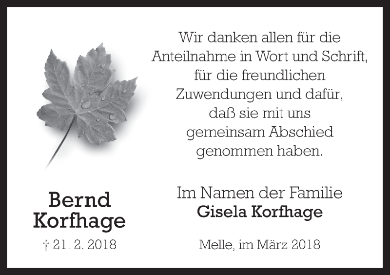  Traueranzeige für Bernd Korfhage vom 24.03.2018 aus Neue Osnabrücker Zeitung GmbH & Co. KG