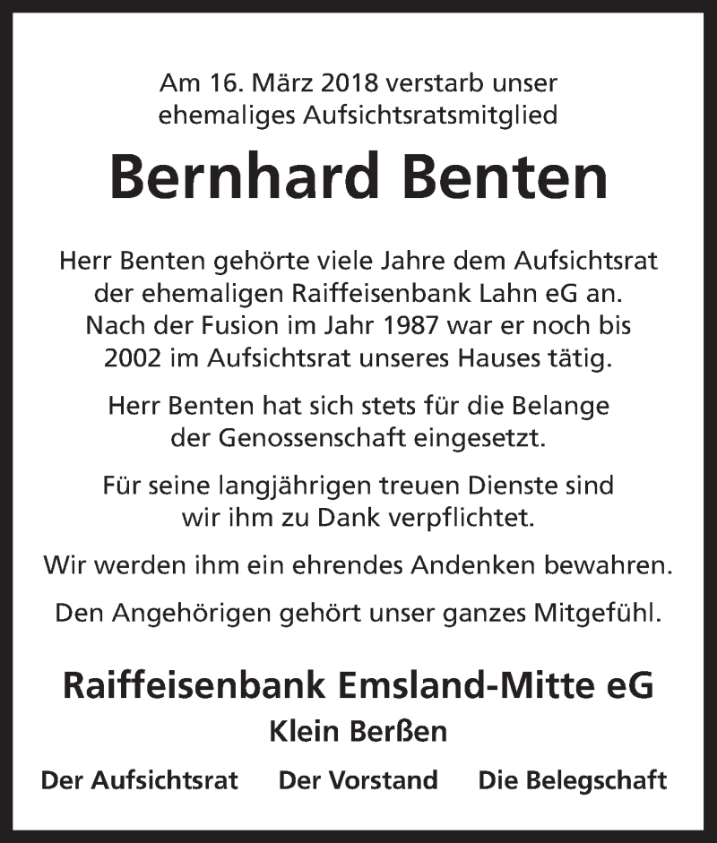  Traueranzeige für Bernhard Benten vom 21.03.2018 aus Neue Osnabrücker Zeitung GmbH & Co. KG