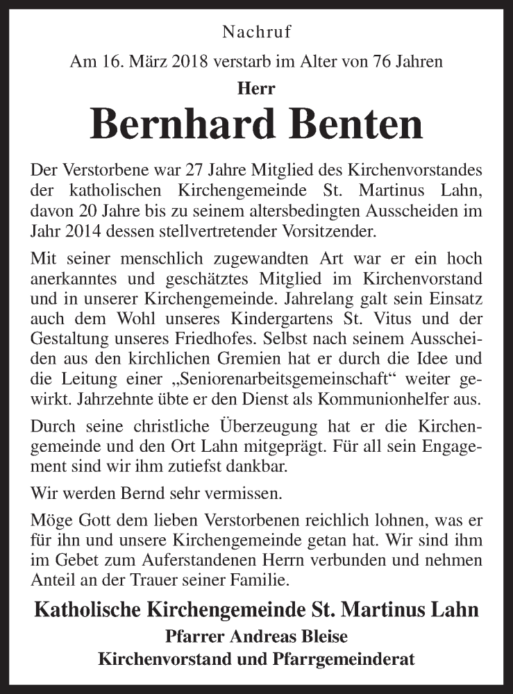  Traueranzeige für Bernhard Benten vom 20.03.2018 aus Neue Osnabrücker Zeitung GmbH & Co. KG