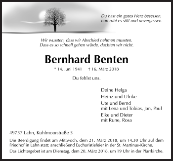 Traueranzeige von Bernhard Benten von Neue Osnabrücker Zeitung GmbH & Co. KG