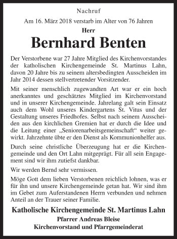 Traueranzeige von Bernhard Benten von Neue Osnabrücker Zeitung GmbH & Co. KG