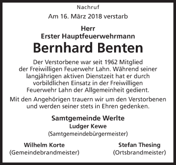 Traueranzeige von Bernhard Benten von Neue Osnabrücker Zeitung GmbH & Co. KG