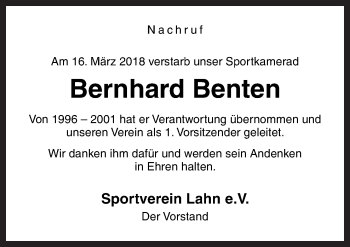 Traueranzeige von Bernhard Benten von Neue Osnabrücker Zeitung GmbH & Co. KG